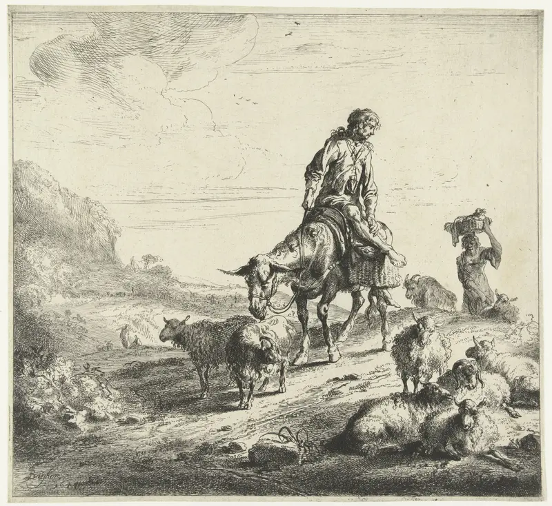 Etching by Nicolaes Pietersz Berchem of a man on a donkey in a landscape.