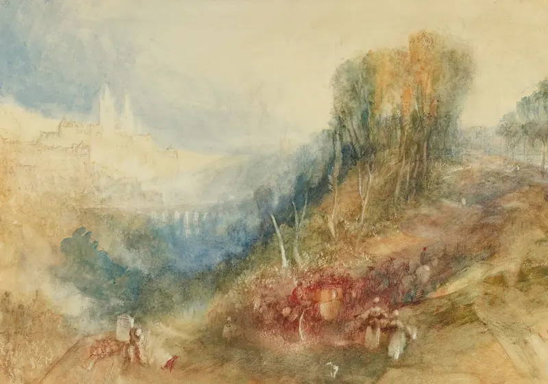 Lausanne From The West by Joseph Mallord William Turner, oil painting depicting sunset over hills and a city.