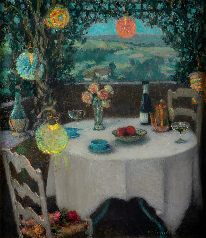 A serene interior scene under a trellis, showcasing the soft light and colors typical of Impressionism.