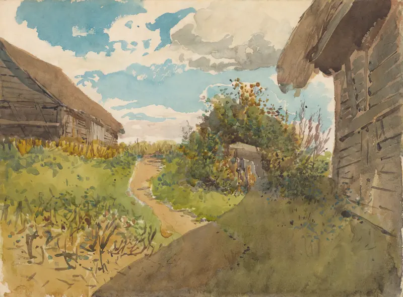 Landscape between Haylofts, oil painting by Ladislav Mednyánszky, featuring green fields and rustic haylofts.