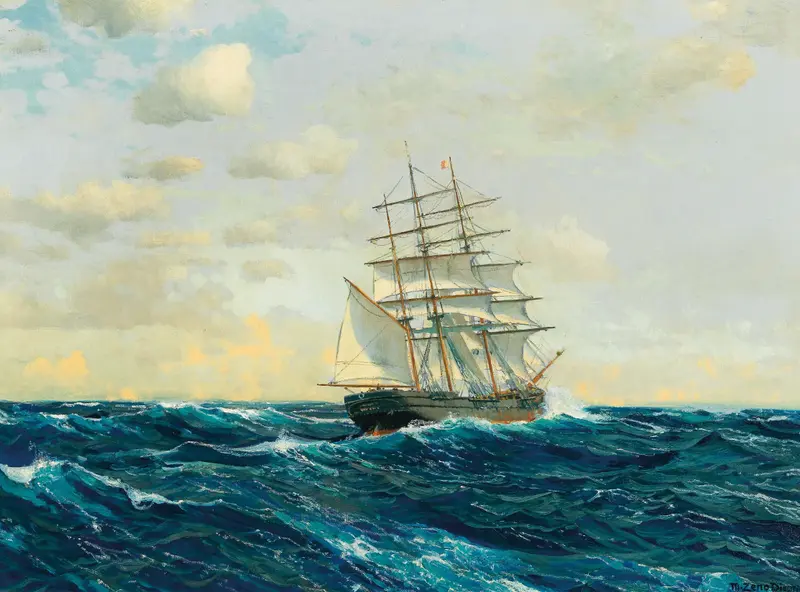 Three-Master on the High Seas by Michael Zeno Diemer, oil on canvas depicting a ship with billowing sails.