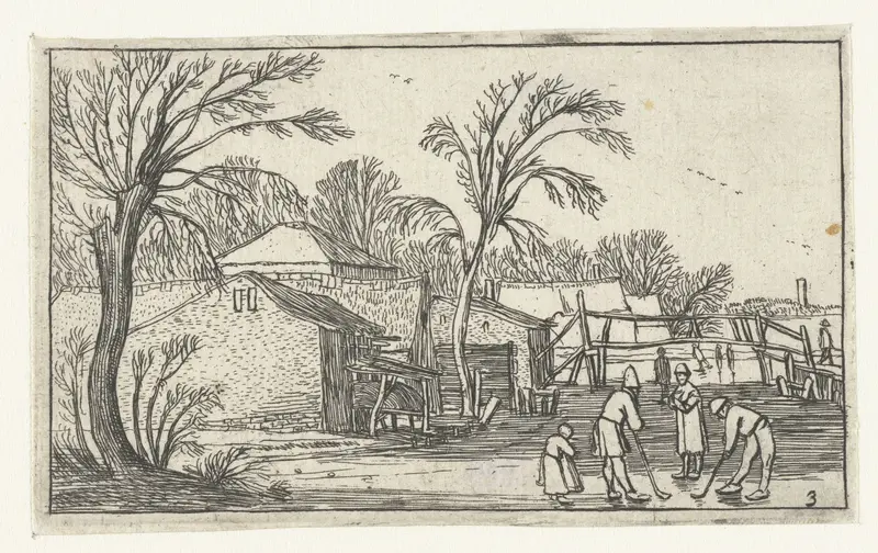 Schaatsers en kolfspelers op het ijs voor boerderijen, etching by Unknown Artist, depicting skaters on ice near farms.