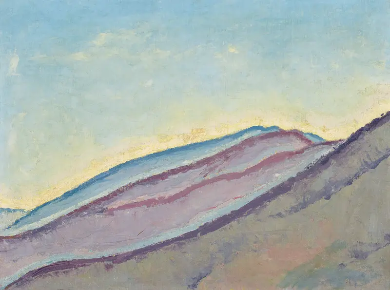 A landscape painting by Koloman Moser featuring lush green hills and a serene atmosphere.