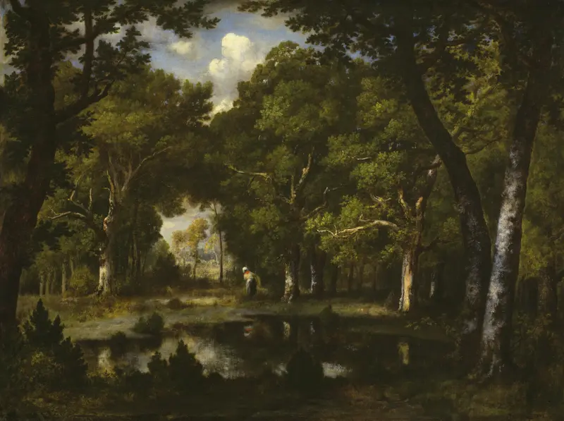 Pond in the Woods, oil on canvas by Narcisse Virgile Diaz de la Peña, depicting a serene forest landscape.