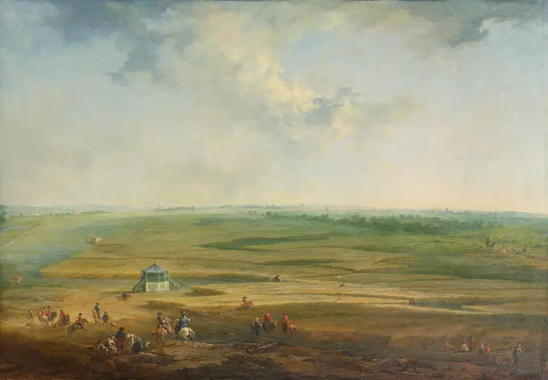 Rococo oil painting of a serene landscape with a lake by Johann Christian Brand
