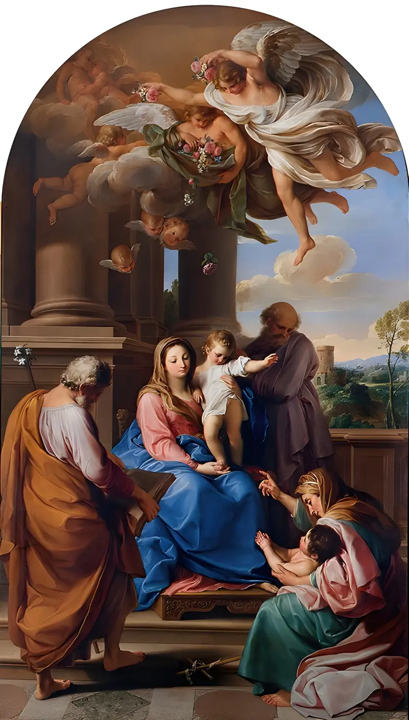 This painting depicts the Madonna and Child surrounded by saints in a Rococo style.