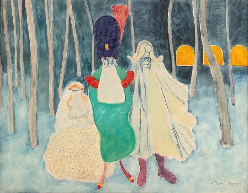 A painting depicting a masquerade with historical figures.