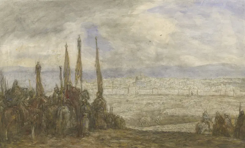 Historical scene with figures in warm tones, oil on canvas by Marius Bauer
