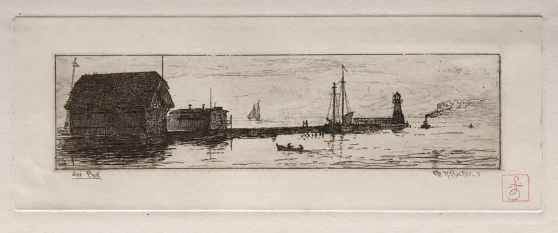 West Pier, Cleveland by Otto Henry Bacher, oil on canvas depicting a figure on a pier at twilight.