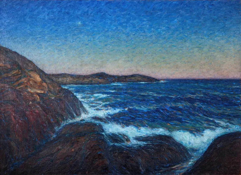 Swell by Karl Nordström, landscape depicting cliffs and turbulent sea, oil painting