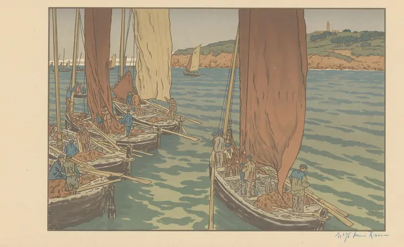 Henri Rivière's painting depicts fishing boats setting out to sea.