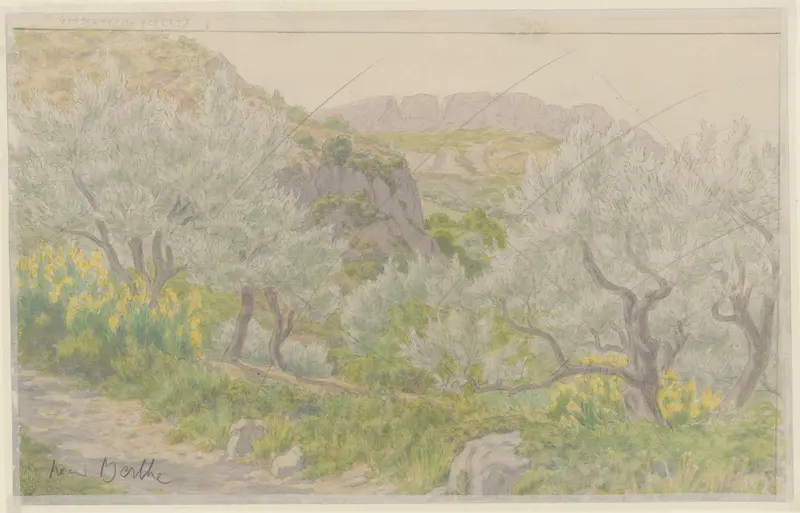 Landscape of Buis-les-Baronnies by Henri Rivière, depicting mountains and a stormy sky.