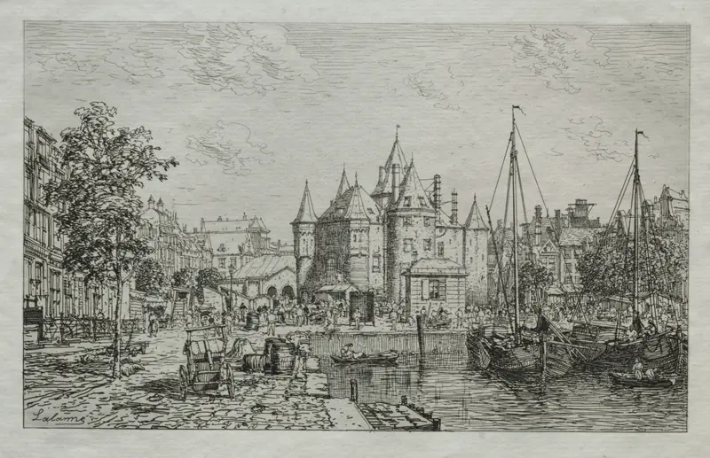 Engraving by Maxime Lalanne showing bustling Amsterdam with figures and canals.