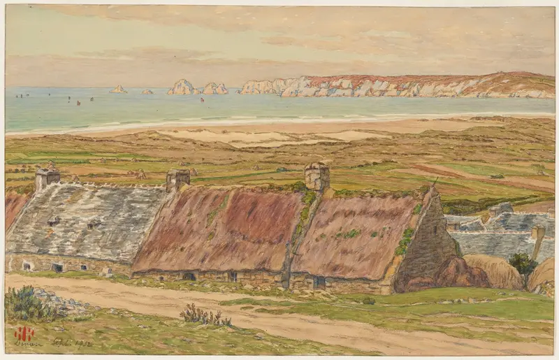 Watercolor on paper by Henri Rivière depicting a tranquil riverside village