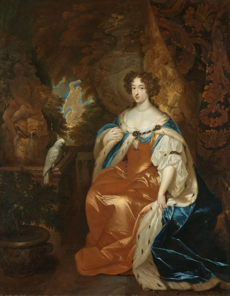 Portrait of Mary Stuart by Caspar Netscher, oil on canvas, depicting a royal figure in elegant attire.