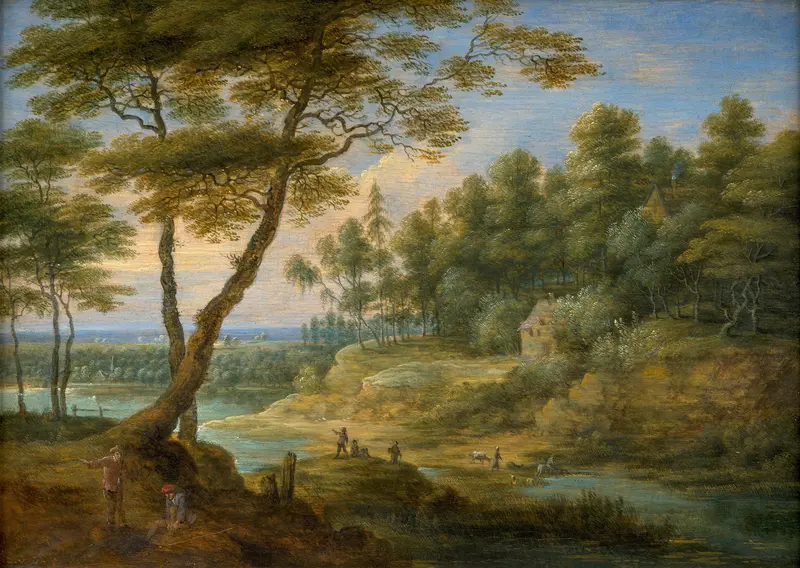Figures in a landscape by Lucas van Uden, oil on canvas depicting figures among lush flora.