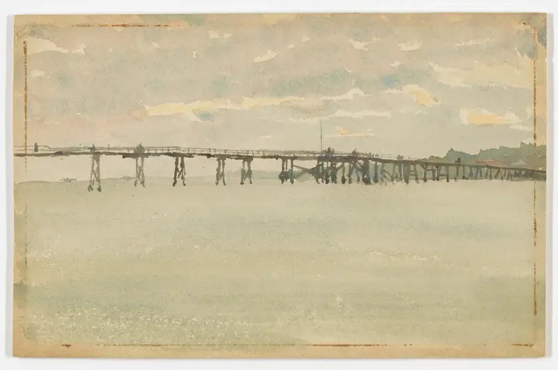 Grey and Silver–Pier, Southend by James Abbott McNeill Whistler, oil painting depicting a misty marine scene.