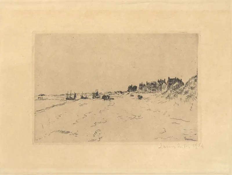 Landscape with figures on a beach at sunset, oil painting by James Ensor