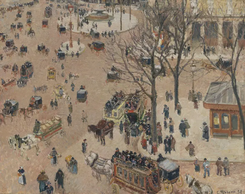 La Place du Théâtre Français by Camille Pissarro, oil painting depicting a lively theater scene.