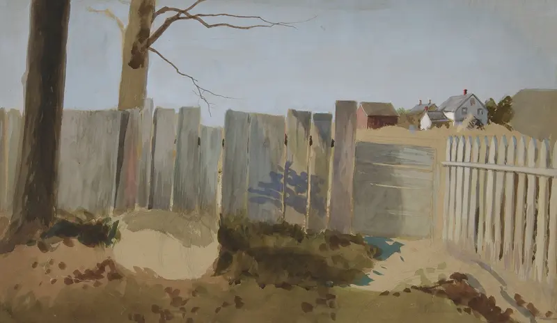 Country scene by Edwin Austin Abbey, oil on canvas, featuring a farmhouse, fence, and fields.