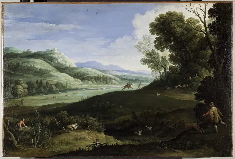 Landscape with Hunters by Paul Bril, oil on canvas depicting two hunters in a lush forest.