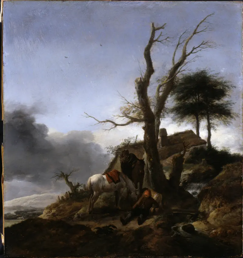 Halt of Travellers by Philips Wouwerman, oil painting depicting travelers in a vibrant landscape.