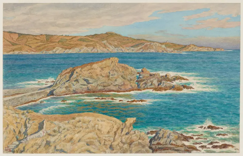 Lithograph by Henri Rivière depicting a serene coastal landscape with muted colors.