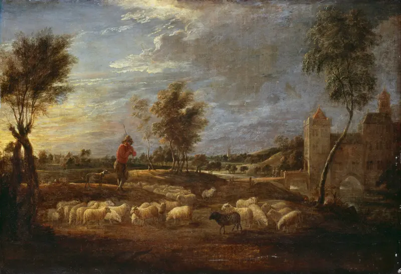 Sunset landscape with a shepherd and his flock, oil painting by David Teniers the Younger.