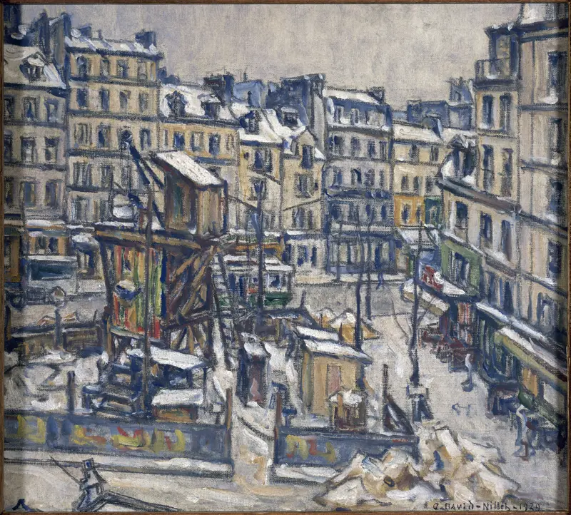 Genre scene of laborers at a construction site, oil painting by Germain David-Nillet
