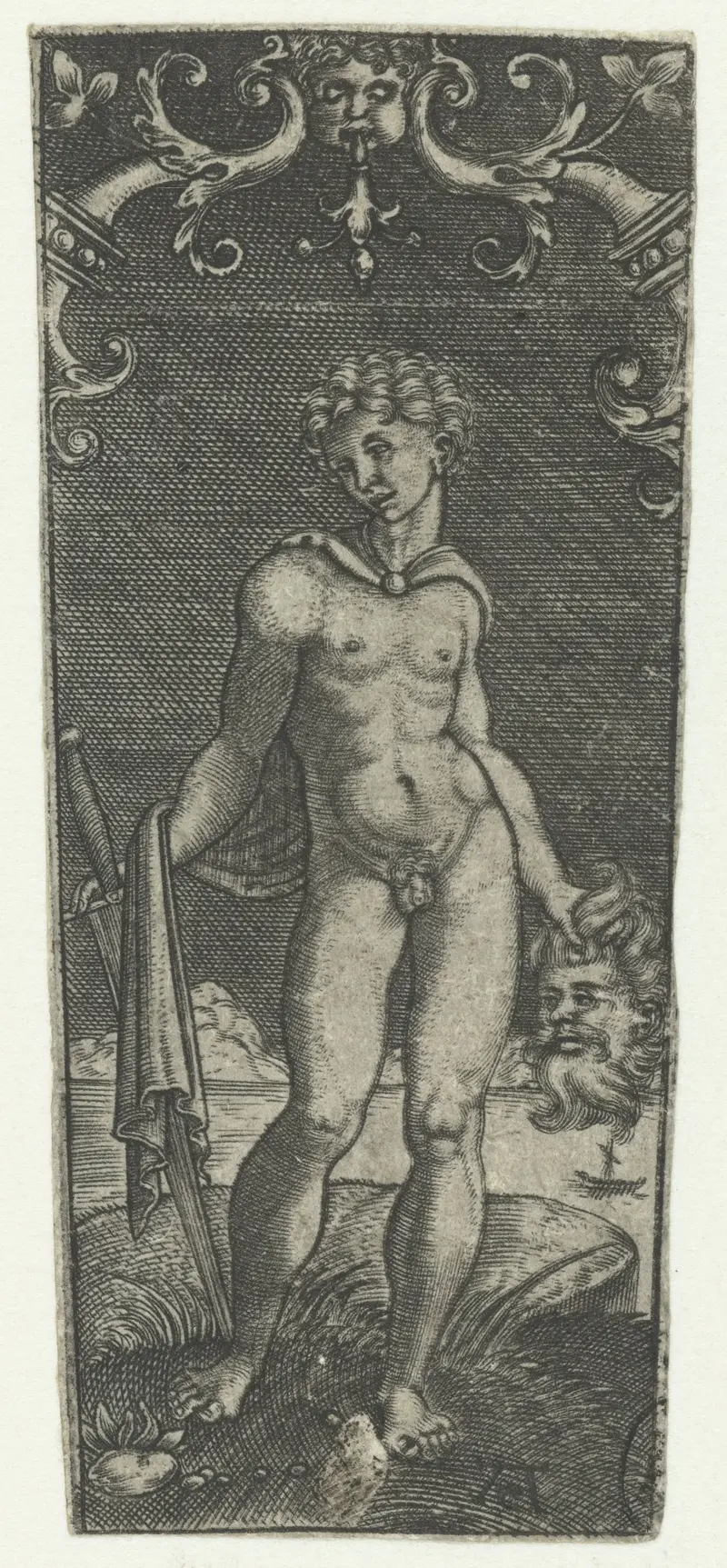 Engraving by Monogrammist AC depicting David holding Goliath's head, engraving