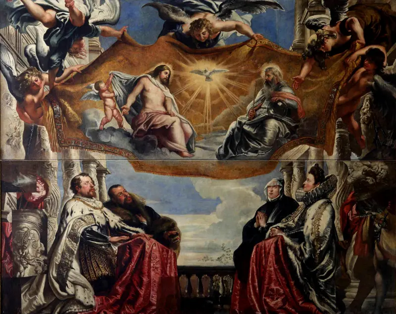 The Gonzaga Family in Adoration of the Holy Trinity by Peter Paul Rubens depicts the family kneeling in reverence before the Trinity.