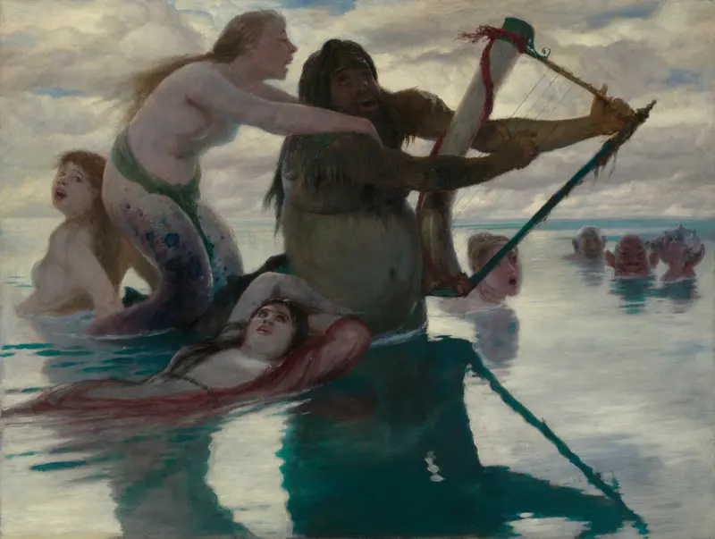 In the Sea by Arnold Böcklin, oil on panel depicting a figure on a rock surrounded by waves.