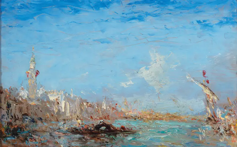 Canal Grande by Félix Ziem, oil painting depicting Venice's architecture and reflections in water.