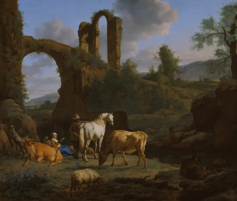 A sunlit clearing beneath ancient ruins shows a man with a white horse, a seated woman and child, grazing cattle and sheep, goats, and resting dogs amid rolling hills.