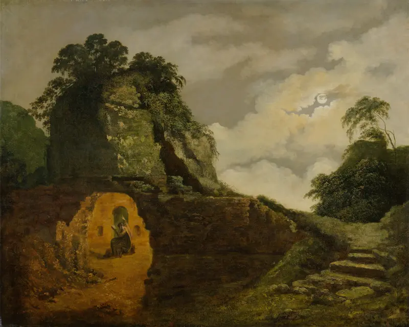 Virgil’s Tomb by Moonlight, with Silius Italicus, oil on canvas by Joseph Wright of Derby