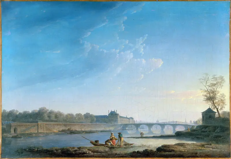 Landscape depicting Le quai des Tuileries with river and crowd by Alexandre-Jean Noël