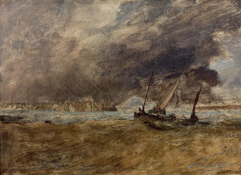 A stormy seascape depicting fishing boats near a wooden pier as a gale approaches.