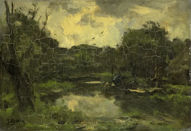 Landschap met schuit by Jacob Maris, Impressionism, depicting hills, water, and a tranquil sky.