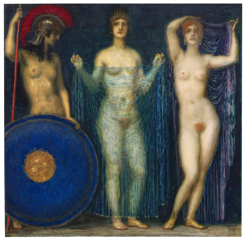 Franz von Stuck's 'Urteil des Paris' depicts a mythological scene with rich colors and dramatic figures.