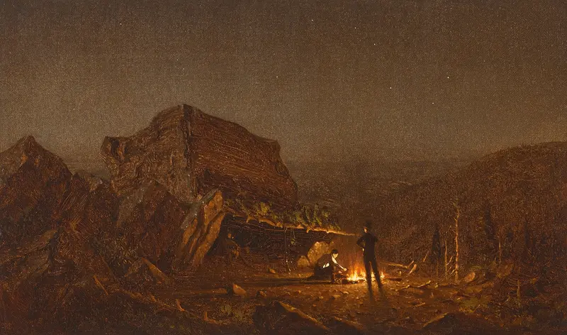 Camping for the Night on Mansfield Mountain by Sanford Robinson Gifford, oil painting of a campfire in a mountain landscape