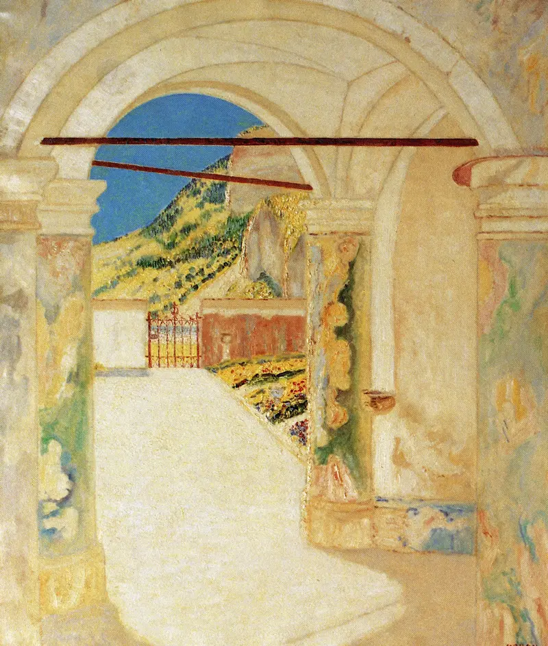 Friedhofskapelle Flintsbach, oil on canvas by Hermann Urban, depicting a chapel with shadows.