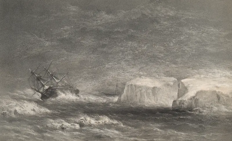 Oil painting by Walter William May depicting H.M.S. Assistance battling stormy seas.