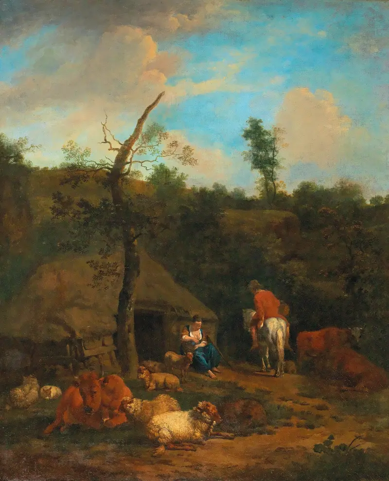 A herdsman and shepherdess before a farmhouse, oil on canvas by Adriaen van de Velde