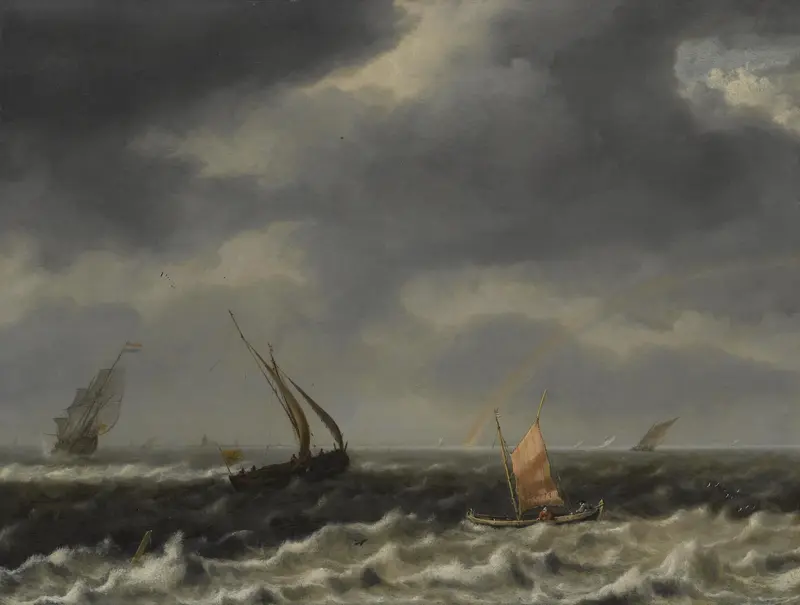 A seascape depicting Dutch shipping vessels navigating choppy seas under a brooding sky with a faint rainbow in the distance.