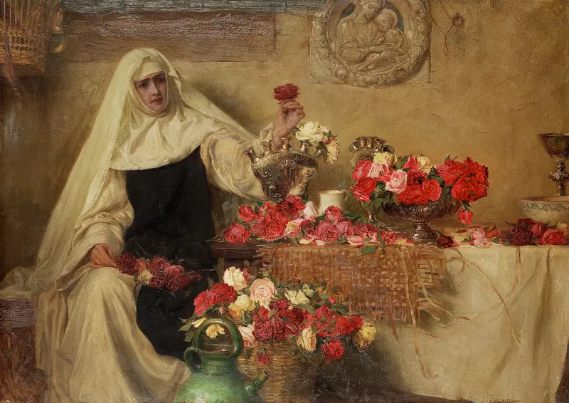 Herbert James Draper's 'For Saint Dorothea’s Day' depicts a mythological scene with vibrant colors and intricate details.