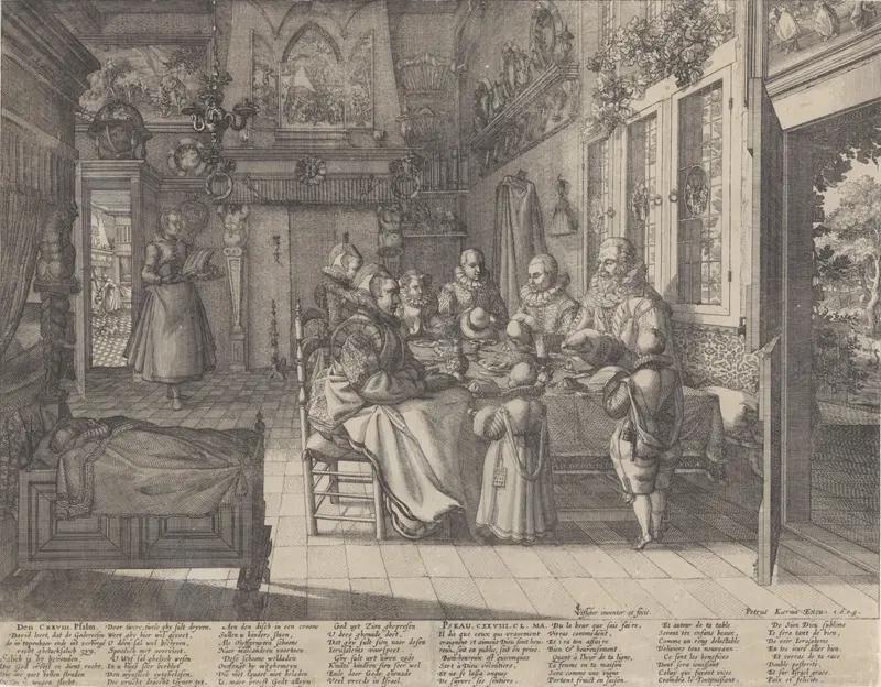 Etching by Claes Jansz. Visscher (II) depicting a family in prayer around a table