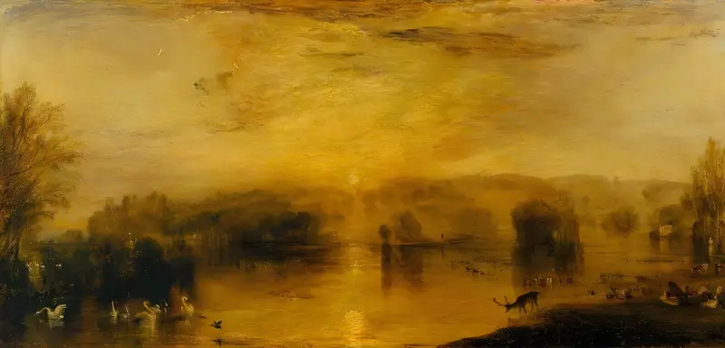 A stag drinks at the water’s edge with swans and birds nearby on a lake at sunset, surrounded by trees and glowing amber light.