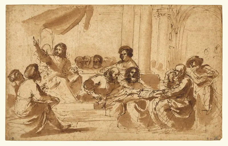 Guercino's 'Christ Preaching in the Temple' depicts a dramatic religious scene.