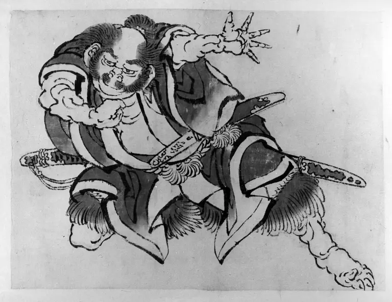 A dynamic depiction of Sakata Kintoki wrestling a bear, showcasing Hokusai's mastery in Ukiyo-e style.