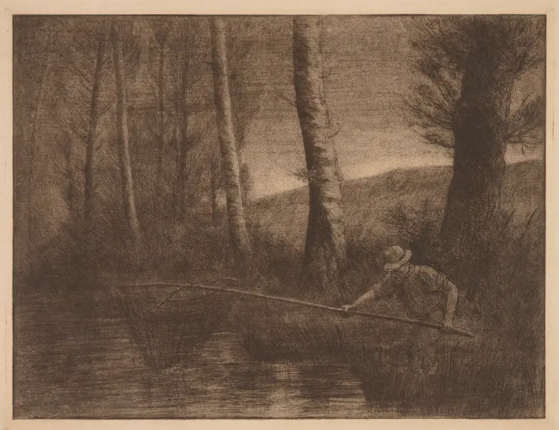 The Fish in the Hoop Net by Alphonse Legros, oil on canvas showing a fish in a hoop net.